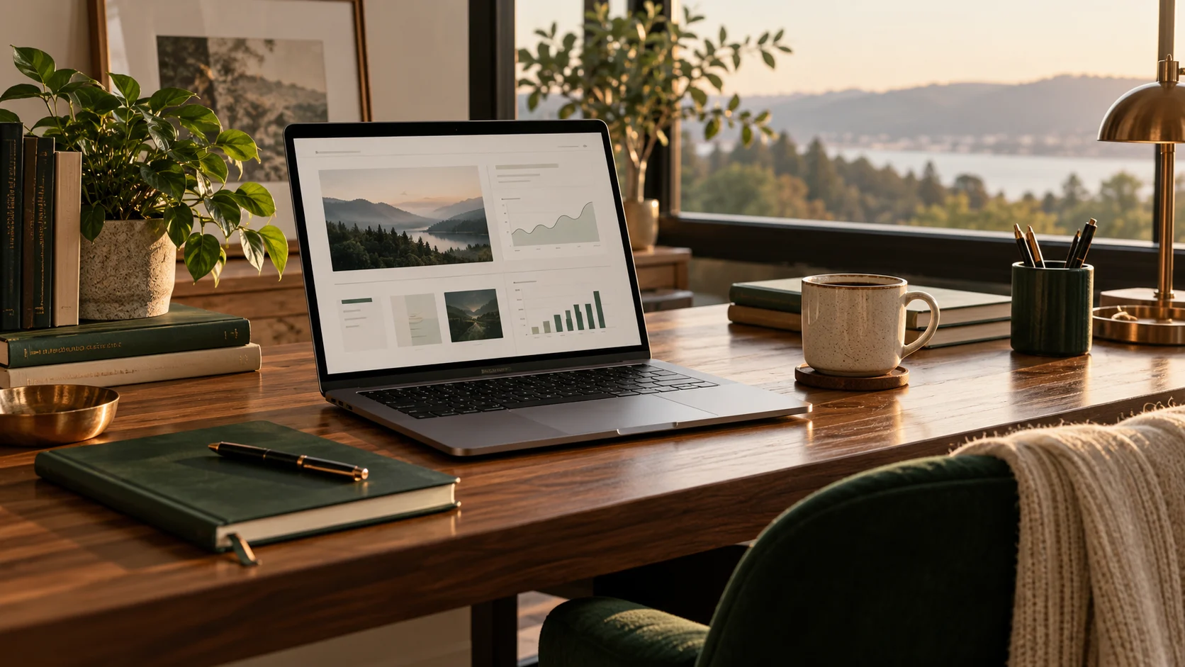 A sunlit remote workspace with a laptop, notebook and houseplant