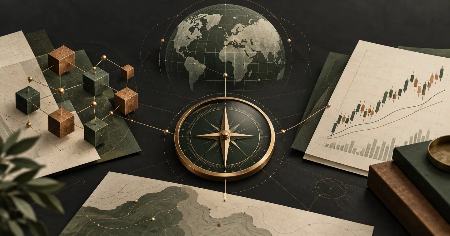 Editorial market map connecting blockchain, global currency markets, stock charts and risk planning